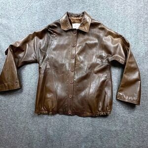 VTG Ero Brown Leather Jacket Women 40 Button Front Unisex Style Minimalist